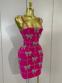 Women Elegant Luxury Bow Diamonds Pearl Club Evening Party Mini Knitted Dresses Sexy Spaghetti Strap Bodycon Bandage Dresses
