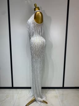 Women Sexy Shiny Crystals Tassel Long Dress Elegant Prom Gown Evening Club Birthday Wedding Party Singer Photoshoot Dress