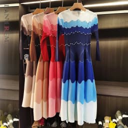 LANMREM Designed Women's Pleated Dress O-neck Loose Fit High-end Fashion Color Block Beaded Long Sleeve Famale Clothing 2DB6598