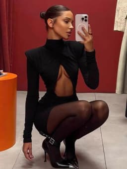 Sexy Hollow-out Pleated Mini Dress Women Fashion Solid Half High Collar Long Sleeve Slim Dresses 2025 Lady Party Club Robes