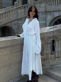 HH Female Beach Style Long Dress White V-Neck Long Sleeves Flounced Edge Lace-Up Decoration Women Summer Fashion Dresses