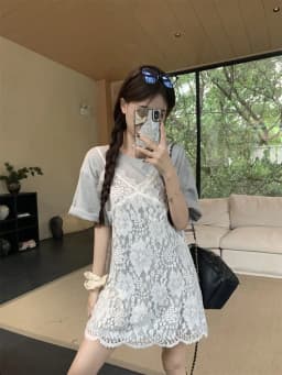 V-neck White Eyelet Lace Slip Dress Women's Summer Transparent One-piece Dress Elegant Ladies Sleeveless Cover-Up Short Dress