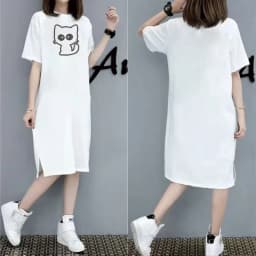 Cartoon cat print short-sleeved women's new summer and autumn loose round neck home dress