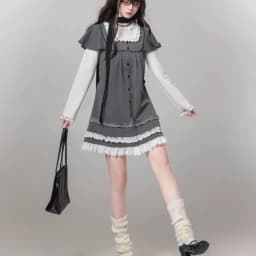 2000s Harajuku Kawaii Lolita Dress Y2k Patchwork Sweet Long Sleeve Short Party Dress Vintage Fake 2 Piece One Piece Dress Korean