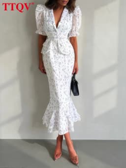 TTQV Fashion Slim Print Women Dress 2026 Summer Lapel Short Sleeve Long Dresses Elegant Classic Pleated Female Dress Streetwear