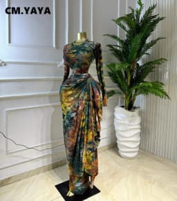 CM.YAYA Women Tie Dye Print O-neck Ribbon Long Sleeve Long Dress 2026 Street Evening Birthday Club Party Vestidos Sexy Dresses