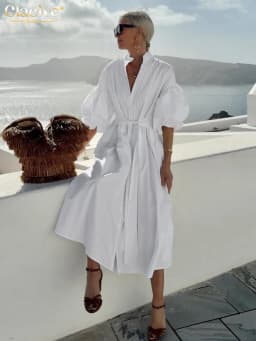 Clacive Fashion Loose White Cotton Women Dress Casual Stand Collar Half Sleeve Midi Dresses Elegant Classic Lace-Up Female Dress
