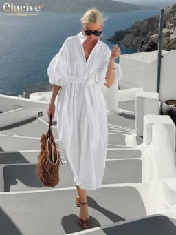 Clacive Fashion Loose White Cotton Women Dress Casual Stand Collar Half Sleeve Midi Dresses Elegant Classic Lace-Up Female Dress