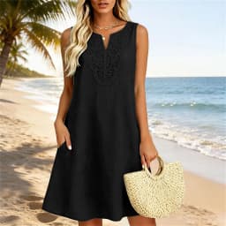 2026 New Loose Pocket Linen Dress For Women V Neck Embroidery Bohemian Floral Summer Dresses Women Knee Length Sundress Vestidos