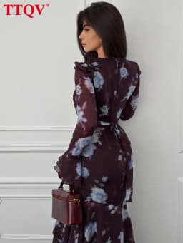 TTQV Fashion Loose Print Women Dress 2026 Autumn O-Neck Long Sleeve Ankle Length Dresses Elegant Classic High Waist Female Dress