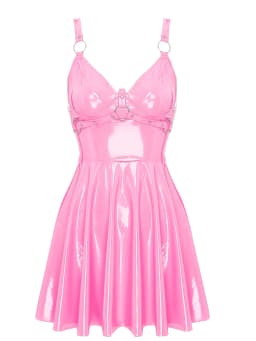 Womens Sexy Wet Look Patent Leather Slip Dress O-Ring Rivets Strappy V Neck Gothic Punk A-Line Mini Dresses Rave Party Clubwear