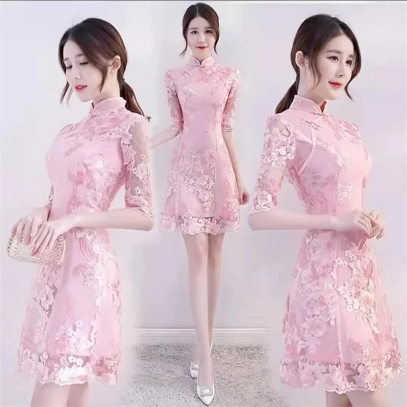 Spring Autumn Female Cheongsam Style Long Dresses Women Half Sleeve Lmproved Maxi Dress 2025 Ladies Fashion Solid Color Vestidos