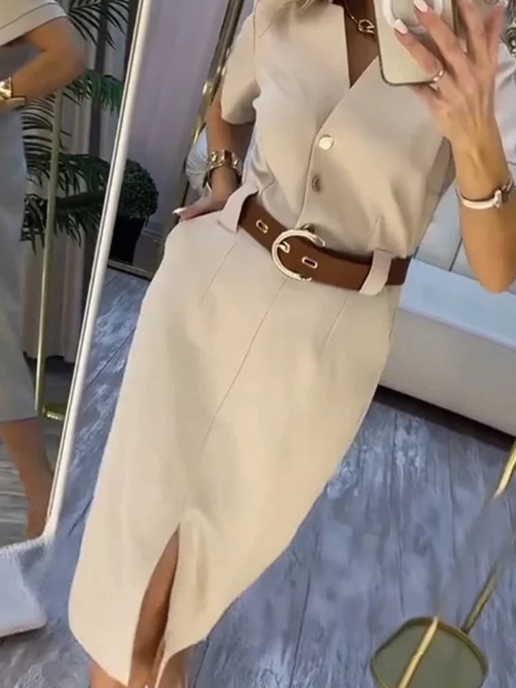 Women Fashion Hight Waist Solid Party Dress Elegant Short Sleeve Split Straight Dress Sexy V-neck Single breasted Midi Dress