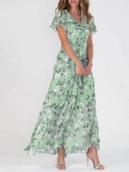 Women Elegant Flower Long Dress Casual Ruffle Short Sleeve V Neck Lace-up Party Dresses 2025 Boho Style High Waist Dress Female