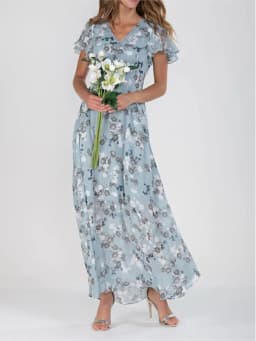 Women Elegant Flower Long Dress Casual Ruffle Short Sleeve V Neck Lace-up Party Dresses 2025 Boho Style High Waist Dress Female