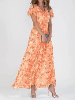 Women Elegant Flower Long Dress Casual Ruffle Short Sleeve V Neck Lace-up Party Dresses 2025 Boho Style High Waist Dress Female