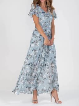 Women Elegant Flower Long Dress Casual Ruffle Short Sleeve V Neck Lace-up Party Dresses 2025 Boho Style High Waist Dress Female