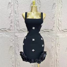 Women Sleeveless Sexy Square Collar Shinning Crystal Ruffles Bodycon Mini Bandage Dress Nightclub Party Birthday Wear