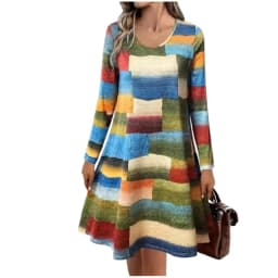 2025 New Autumn Women’s Long Sleeve Dress Casual O-Neck Mini Dresses Fashion Elegant Colorful Striped 3D Printed A-Line Dresses