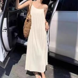 Women's Loose Sleeveless Suspender Dress With A-Line Shape Slim Folds And Ankle-Length Skirt Designed For Beach And Daily Wear