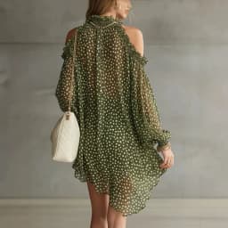 Women Polka Dot Party Cocktail Short Dress Halter Cold Shoulder Long Sleeve Loose Fit Evening Mini Dress Vestidos Mujer