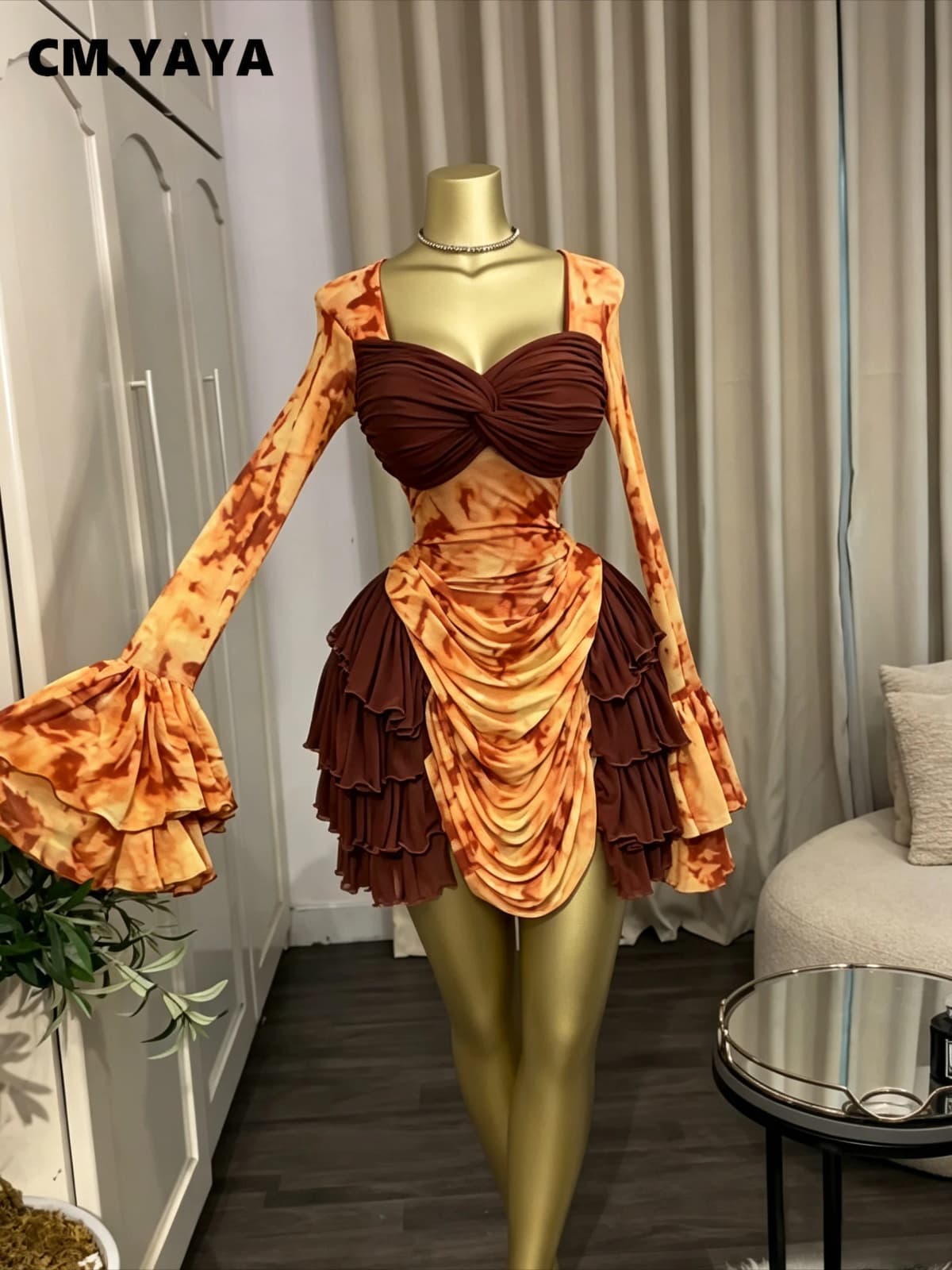 CM.YAYA Women Tie Dye Print Cascading Ruffles Long Sleeve Bodycon Ruched Tiered Mini Dress Fall Vacation Beach Party Dresses
