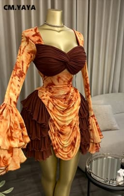 CM.YAYA Women Tie Dye Print Cascading Ruffles Long Sleeve Bodycon Ruched Tiered Mini Dress Fall Vacation Beach Party Dresses