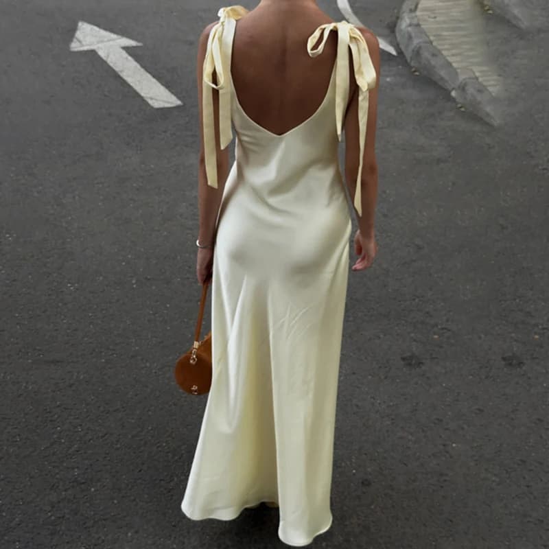 Summer New High Waist Party Dress Lady Sexy Double V Neck Sleeveless Lace Up Dress Elegant Satin Solid Color Slim Evening Dress