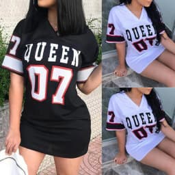2026 New Fashion V-Neck Queen Letters Print Dress Short Sleeve Basketball Sporty Style Sexy Loose Female Clothing Streetwear