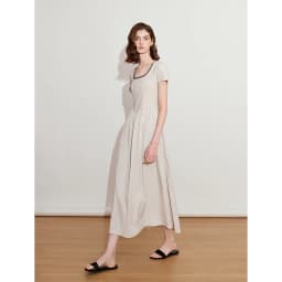TOYOUTH Women Dress 2025 Spring New Fake Two Piece Slim Waist Contrasting Color Splicing U Neck Short Sleeve Mid Length Skirt