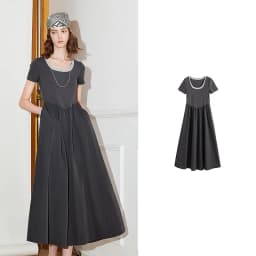 TOYOUTH Women Dress 2025 Spring New Fake Two Piece Slim Waist Contrasting Color Splicing U Neck Short Sleeve Mid Length Skirt