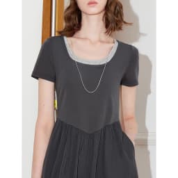 TOYOUTH Women Dress 2025 Spring New Fake Two Piece Slim Waist Contrasting Color Splicing U Neck Short Sleeve Mid Length Skirt