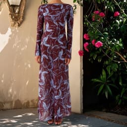 Lamuusaa Floral Print Long Dress y2k Women Clothes Boat Neck Long Sleeve Mesh Dress Summer Beach Party Dresses Clubwear