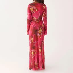 Lamuusaa Floral Print Long Dress y2k Women Clothes Boat Neck Long Sleeve Mesh Dress Summer Beach Party Dresses Clubwear