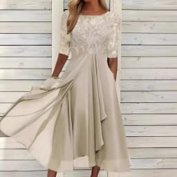 Women Lace Chiffon Midi Dress Summer Lady O-Neck Short Sleeve Cute Lace Patchwork Prom Evening Dress OUFY-801