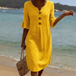 V-neck Button Solid Color Casual New Beach Vacation Style Versatile Dress For Women's A-line Lace Short Sleeved Patchwork Skirt