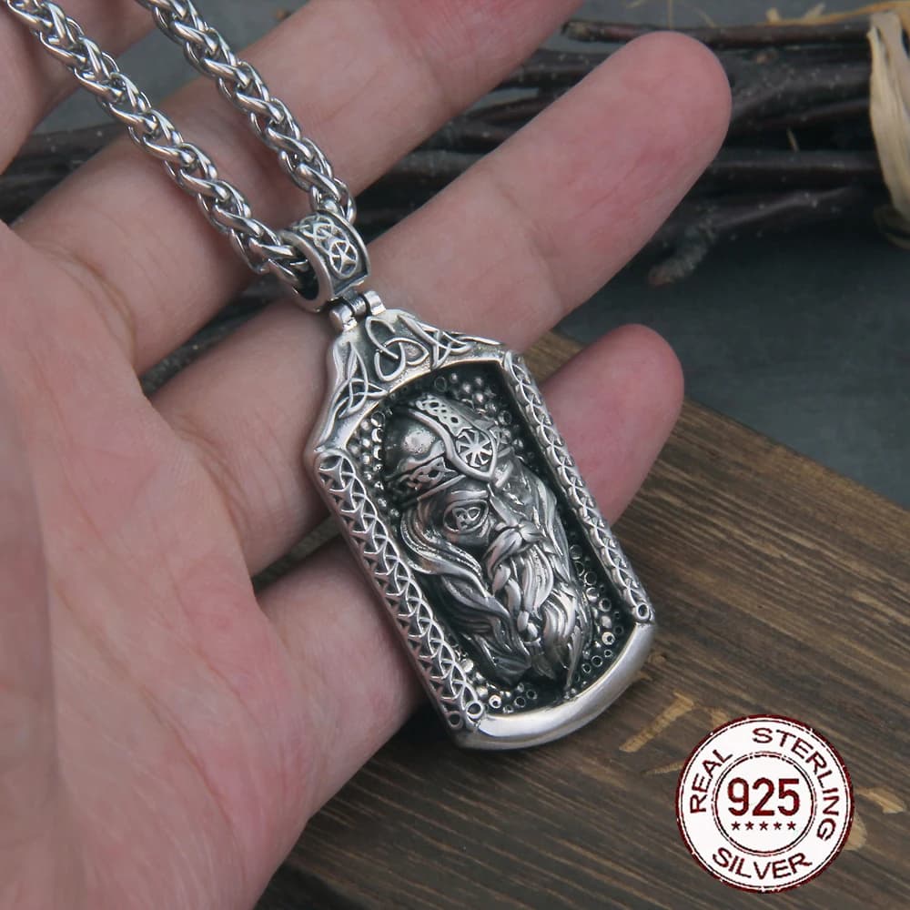 Real 925 Sterling Silver Odin Photo frame with chain and Viking wooden box as gift