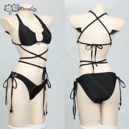 Meowcos Women's Gothic Bat Style Black Two-Piece Swimsuit Halter Lace-up Top and Low Waist Triangle Bottom Bathing Suit
