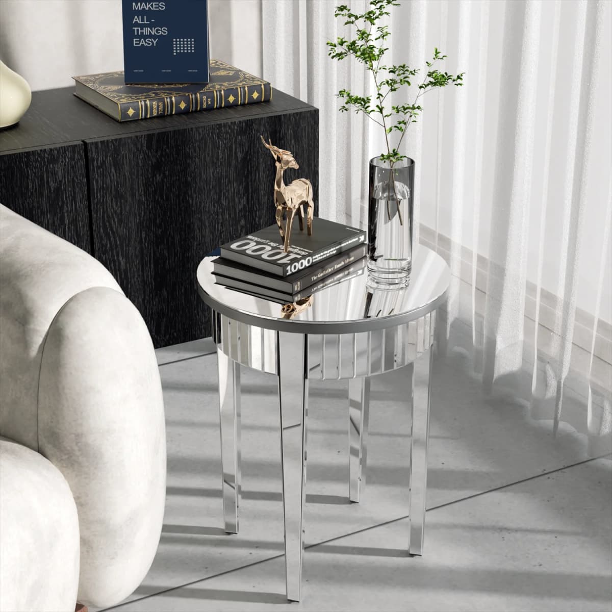 Mirrored Side End Table with Geometric Legs, Modern Furniture for Hallway, Living Room and Bedroom