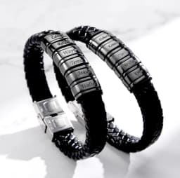 Personalized Mens Engraved Name Leather Bracelets Stainless Steel Custom Multi-Name Beads Jewelry Anniversary Gift for Husband