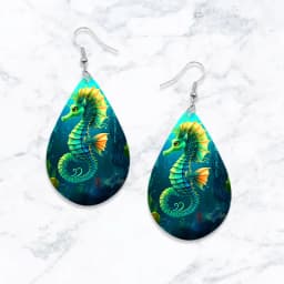 SOMESOOR Cute Sea Animal Print Wooden Teardrop Earrings Lovely Starfish Sea Turtle Seahorse Designs Ear Pendant Dangle Jewelry