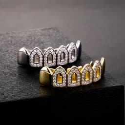 GUCY Hip Hop Full CZ Stones Teeth Grillz Caps Cubic Zircon Iced Out Micro Pave Top Charm Grills For Men Women Jewelry Gift