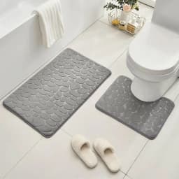 Non-Slip 50*80cm Bath Mat and 50*40cm Toilet Mat Bathroom Rug Set Soft Bath Mat with Cobblestone Pattern Washable Bath Mats