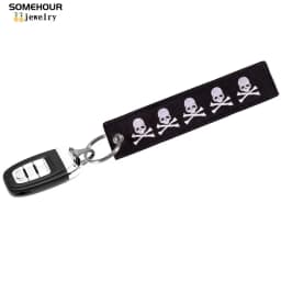 SOMEHOUR Danger Machine Keychain Jewelry Embroidered Skull Both Sides Key Rings For Bicycle Motorcycle Car Bag Women Men Gifts