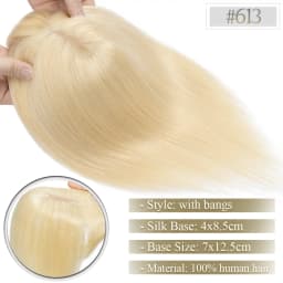 TESS Women Topper 7x12.5cm Hair Toppers With Bangs Natural Hair Wig Human Hair Silk Base Center Part Hair Clip In Hair Extension