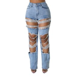 Women Fashion Pearl Beading Ripped Hollow Out Tassel Wide Leg Jeans 2026 New Summer INS Street Denim Pants Trousers