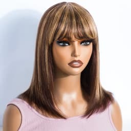 Sleek Short Bob Human Hair Wigs With Bangs Highlight Ombre Colored Brazilian Hair Wigs For Women Cosplay Pixie Cut Woman Wig
