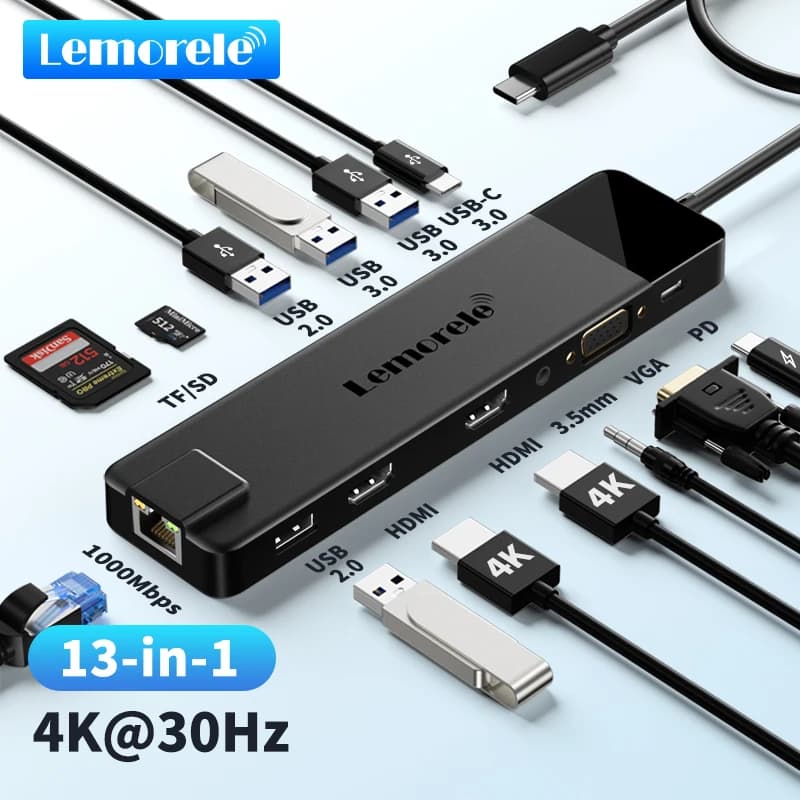 Lemorele USB-C Hub 13-in-1 Gigabit Docking Station VGA USB Type C Hub 4K30Hz HDMI-compatible USB 3.0 Adapter RJ45 PD100W