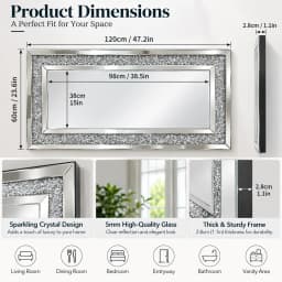 Large Decorative Wall Mirror 47.2 x 23.6 Inch Silver Crystal Rectangle Mirror Wall Mounted for Living Room Bedroom Entryway