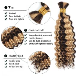 Human Braiding Hair 1 Bundle 20 Inch Human Hair Bundles for Braiding Highlight P4/27 Color Deep Wave Bulk Human Hair Bundles